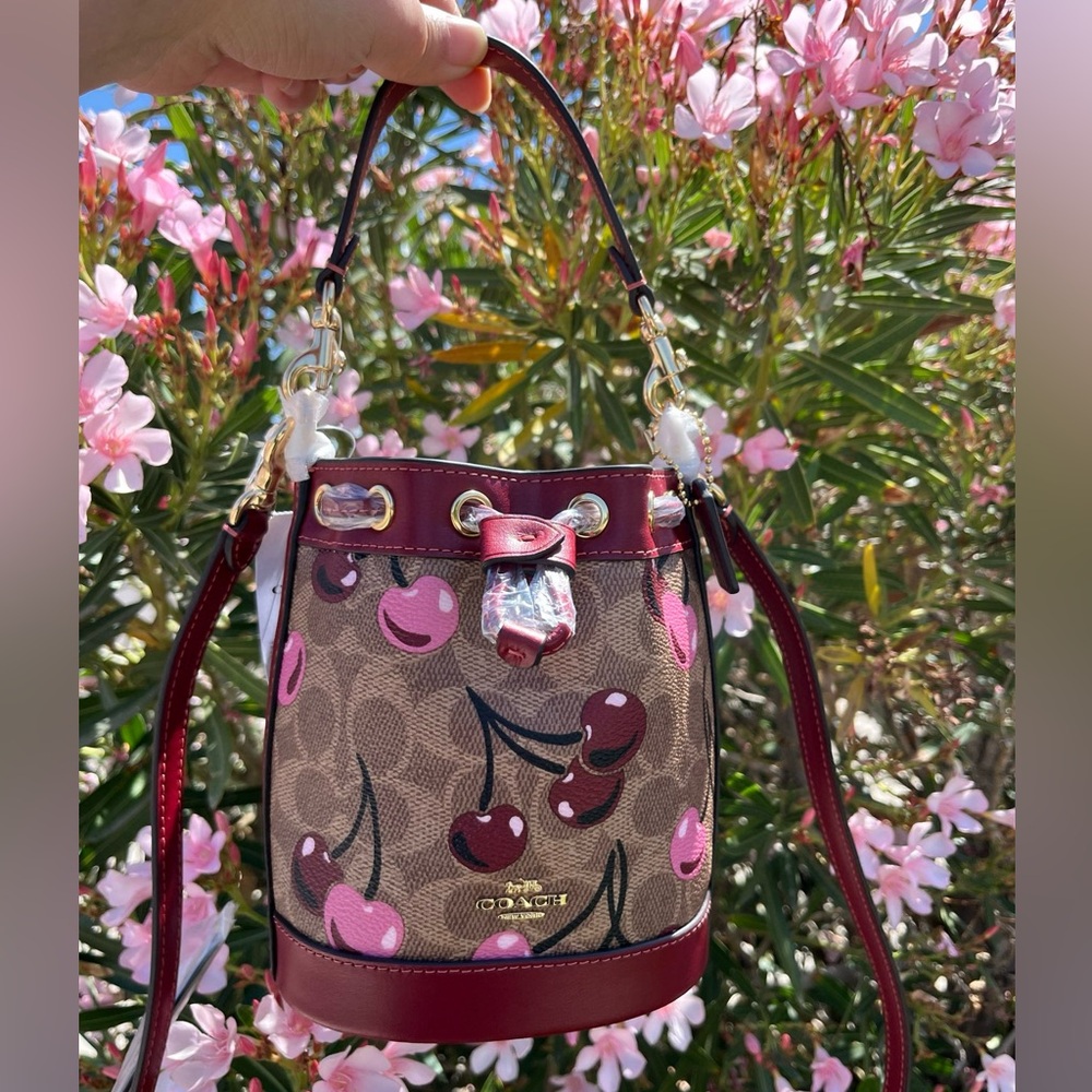 Coach  Bucket Bag In Signature Canvas With Cherry Print Crossbody Strap NWT